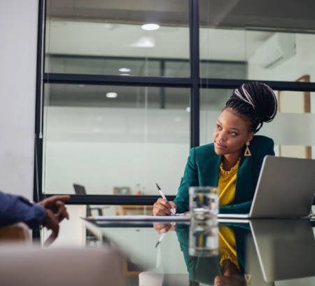 young man on job interview with female hr manager.