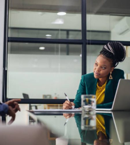young man on job interview with female hr manager.